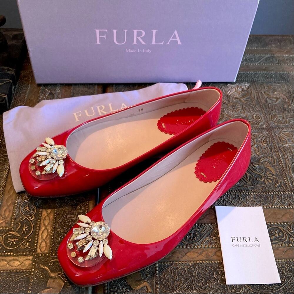Furla ballet flats EU 38 / US 7.5 red patent leather cabochon jeweled maximalist